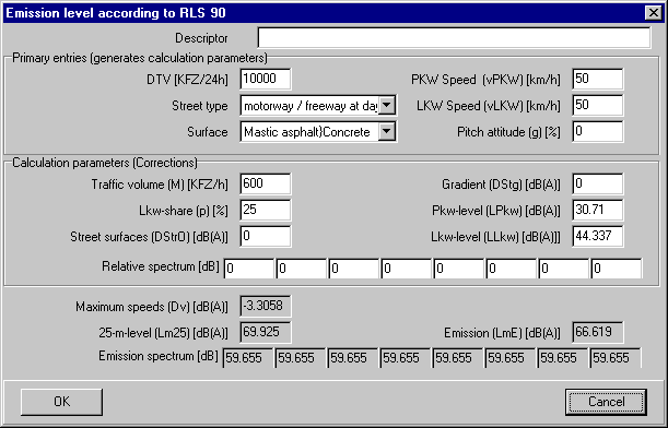 Calculation form for emission level according to RLS 90