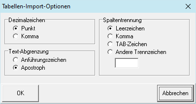 Formular Tabellen-Import-Optionen