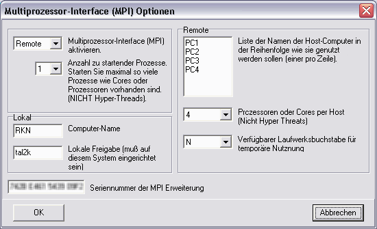 Formular Multiprozessor-Interface (MPI) Optionen
